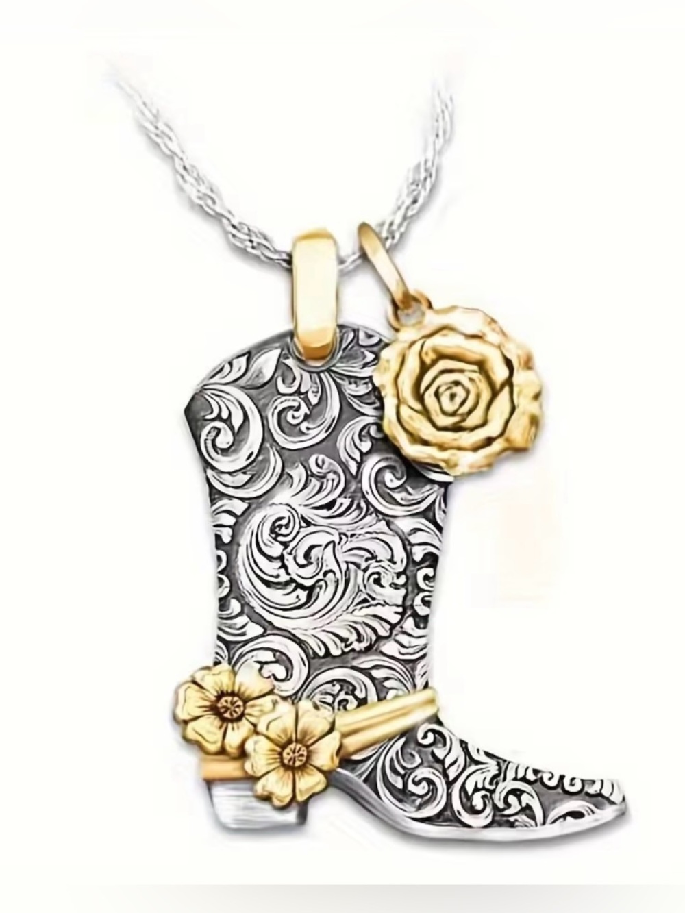 🖤🆕🖤Two-Tone Silver & Gold Western Boot Pendant Necklace